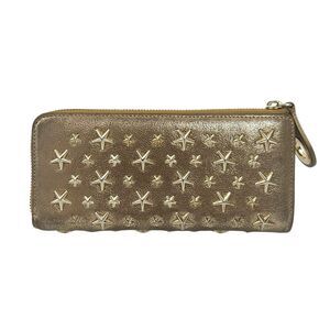 Jimmy Choo Long Zipper Wallet Metallic Gold Leather Star Studs